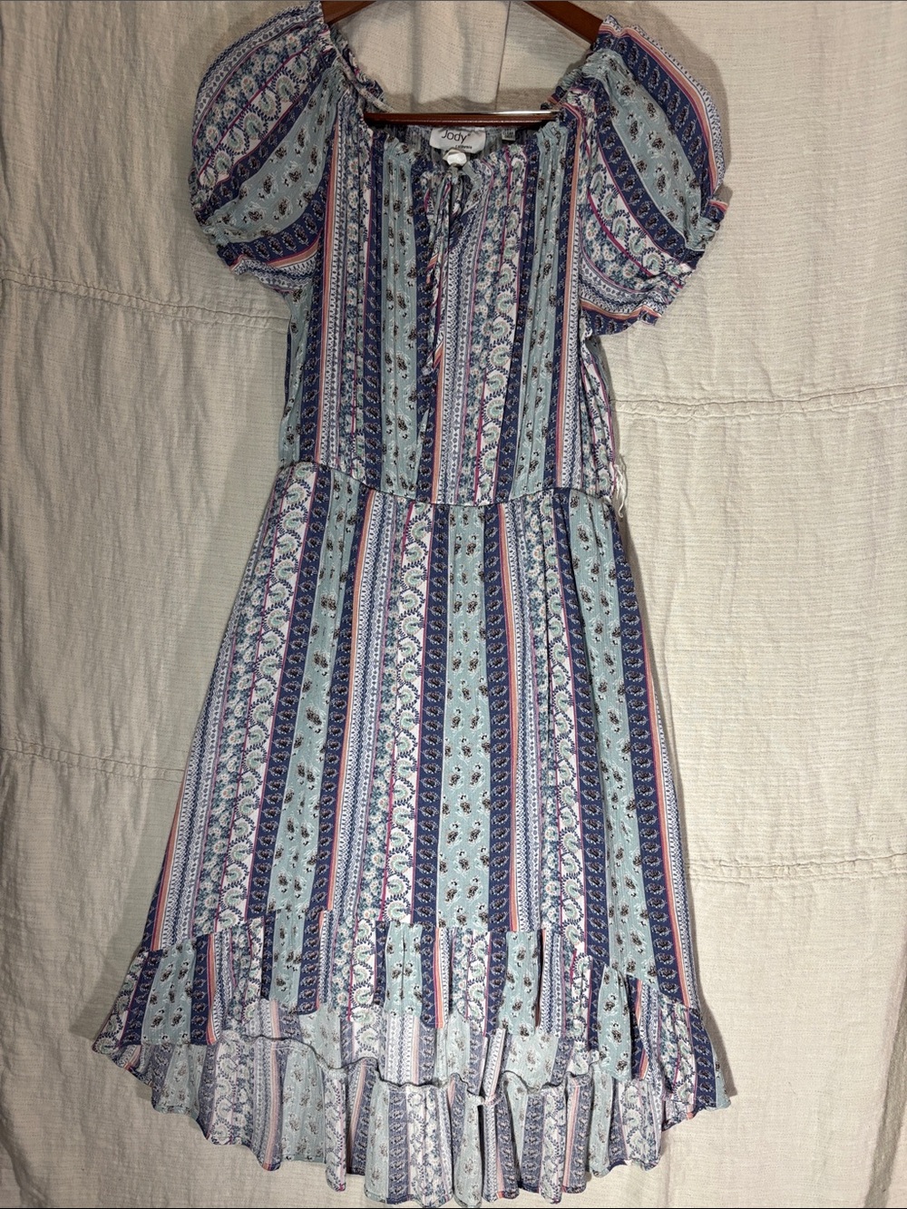 Vintage Jody California Blue Floral Striped Cottagecore Prairie Dress Size XL